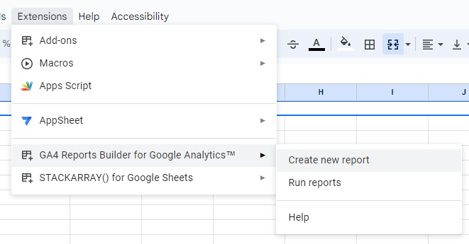 GA4 Sheets Add-on Menu