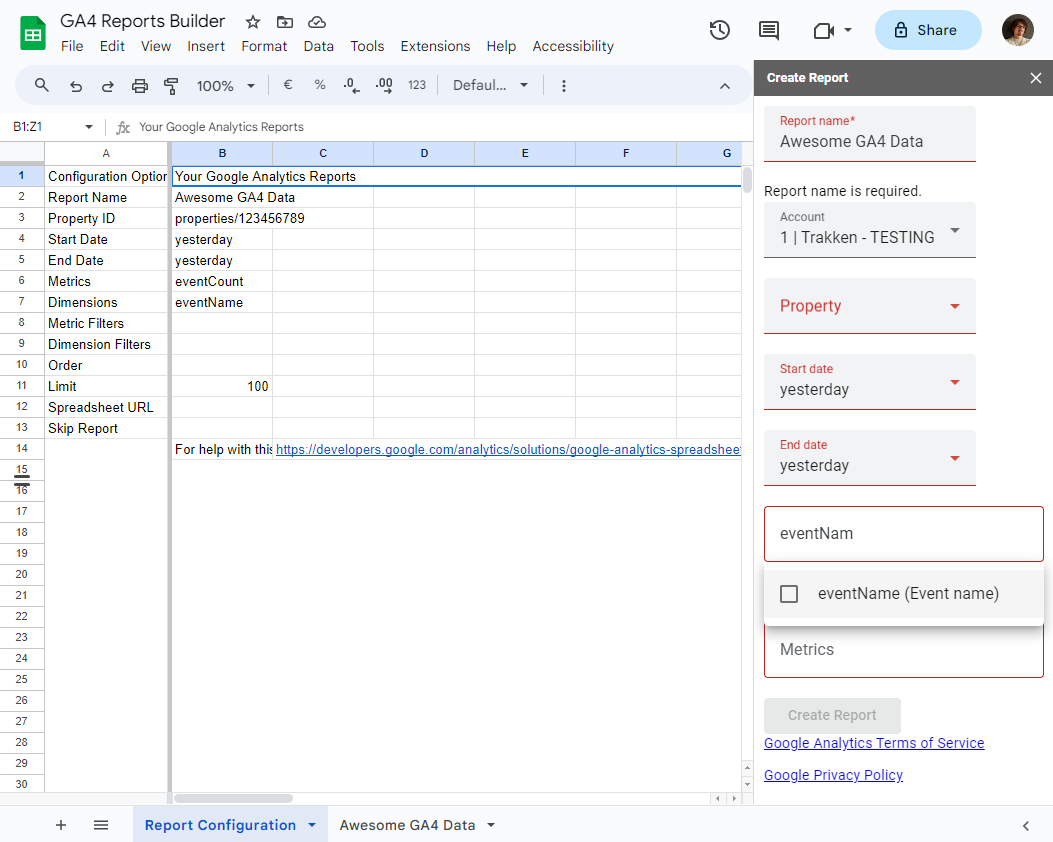 GA4 Sheets Add-on Report Overview
