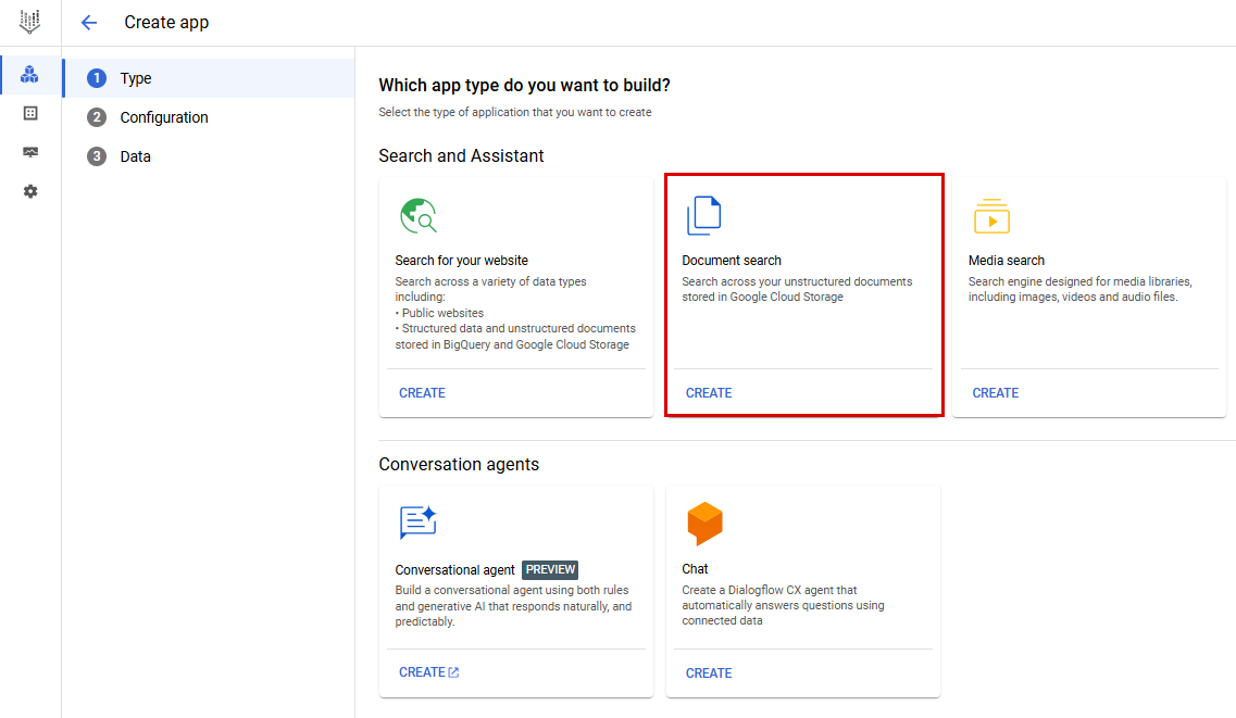 Select "document search" as your builder type
