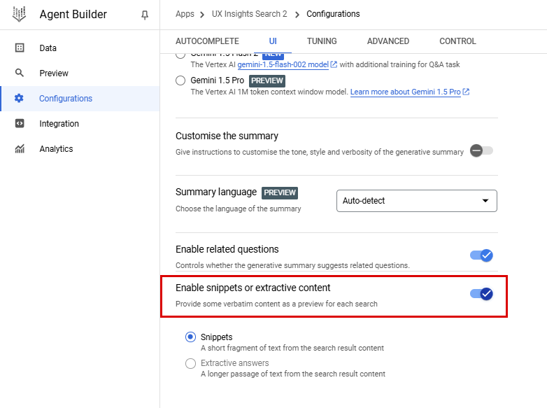 Enable snippets or extractive content